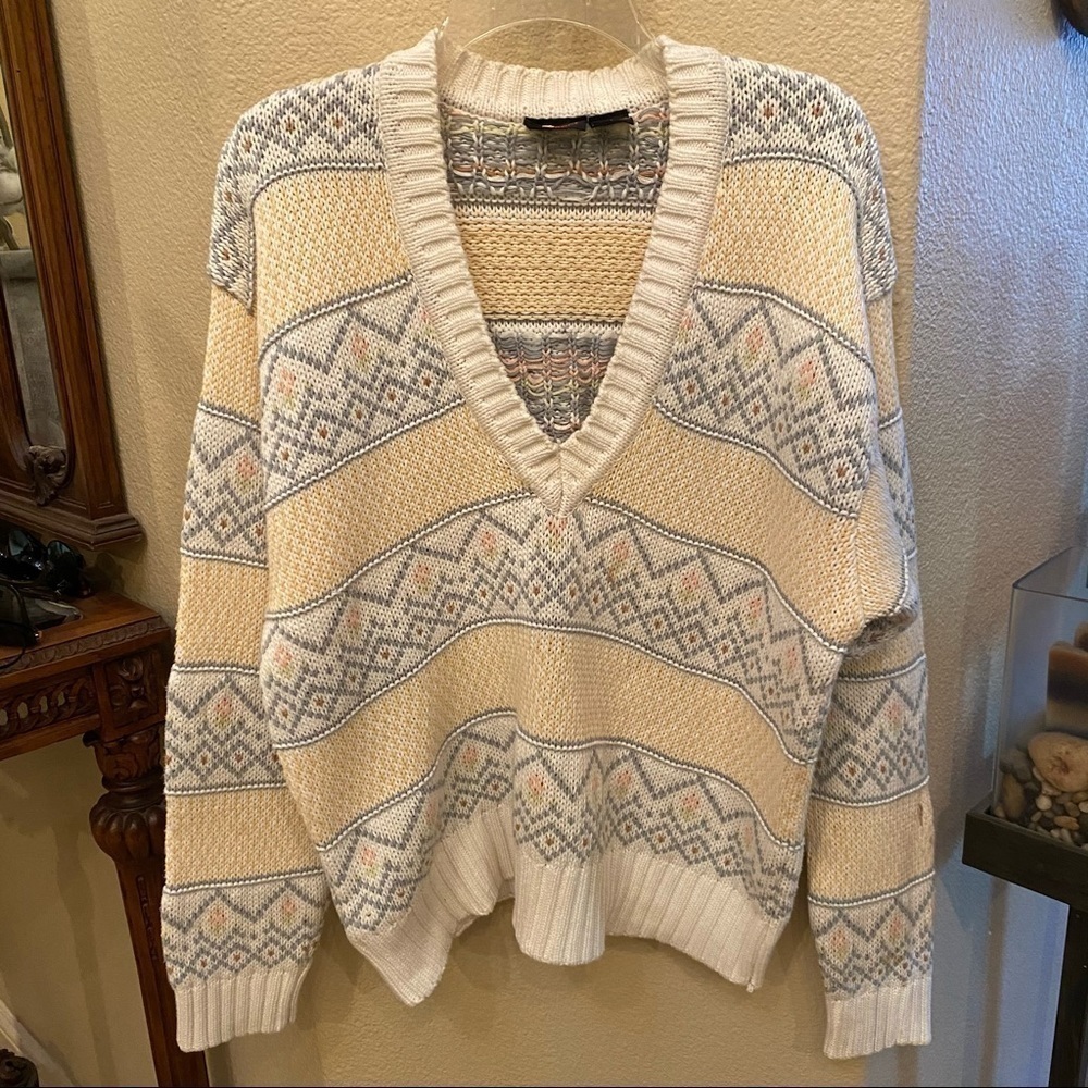 Vintage Lizsport Women Knit Striped Patterned V-Neck Preppy Sweater Size Medium
